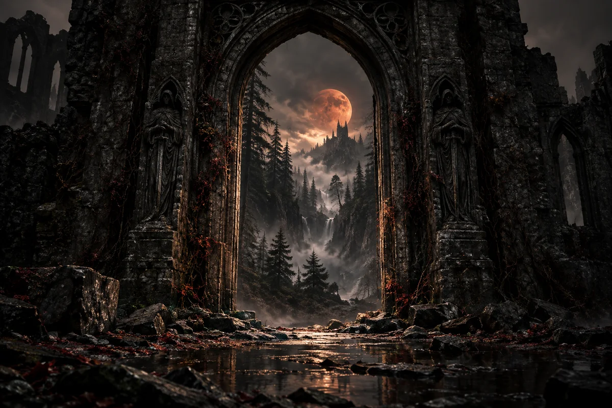 A gothic arch opens onto a moonlit forest